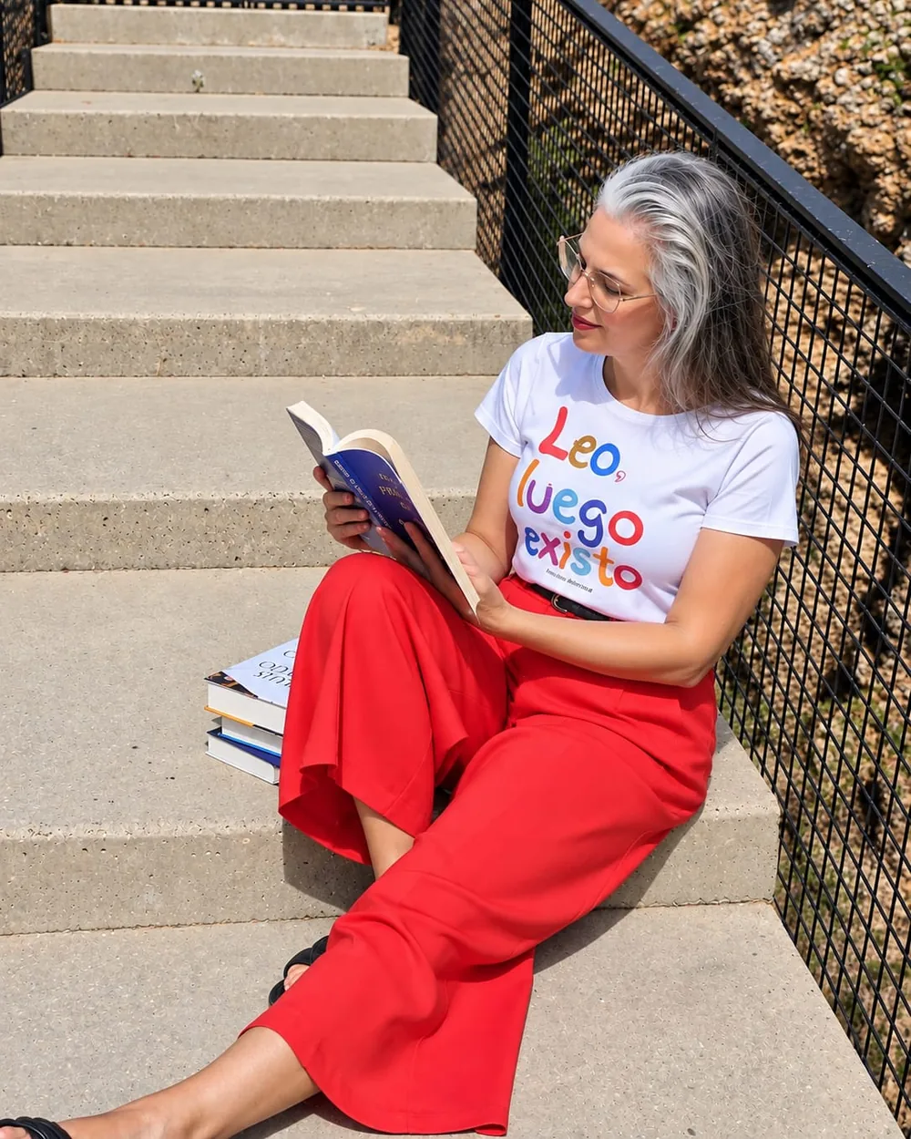 Angélica, de Papelería Llibreria Colorins, leyendo con la camiseta Leo, luego existo